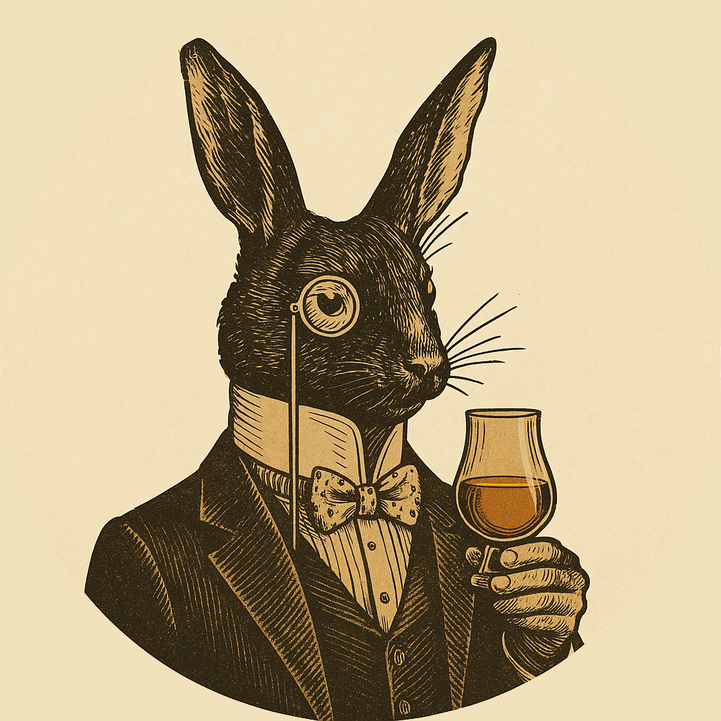 The modernized Sentinel — distinguished rabbit with monocle and Glencairn glass