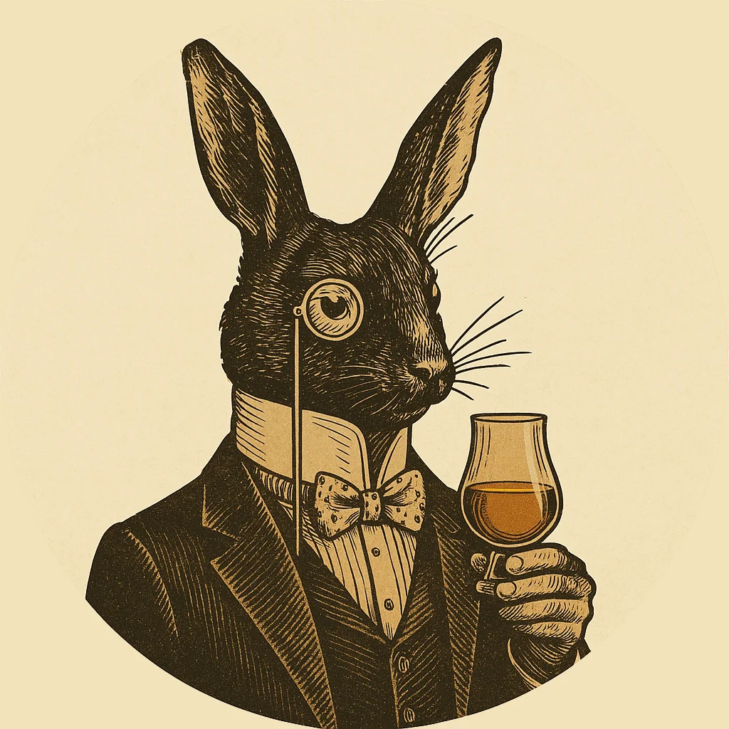 The modernized Sentinel — distinguished rabbit with monocle and Glencairn glass